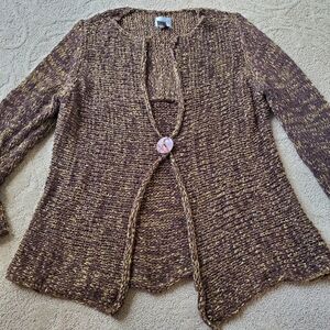 CHICOS Size 2/Womens Sz 12 Loose Knit Cardigan Style Sweater 1 Button Gold/Brown